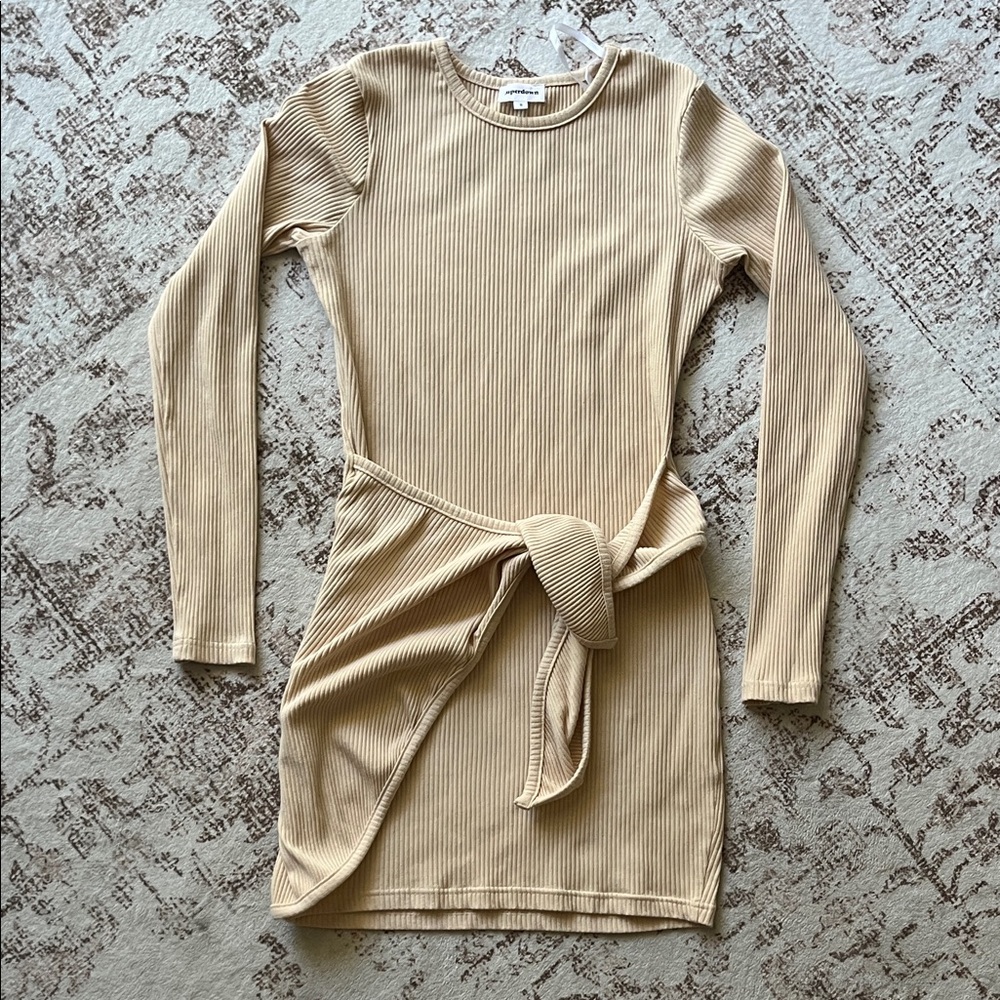 Superdown Tan Long Sleeve Ribbed Dress